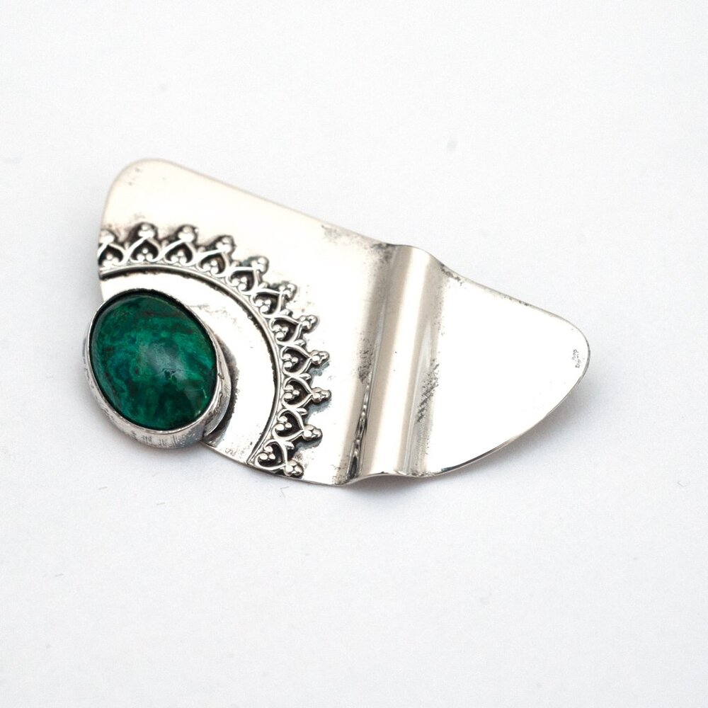 Vintage 90's Modern Abstract Semi Circle Pin Brooch Sterling Silver Green Stone